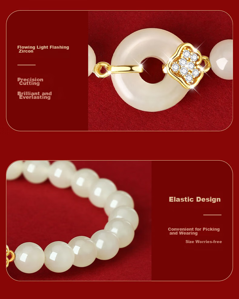 Zhenshangyin Chinese Gold Hetian Jade Silver Bracelet for Women, Camellia Beaded Bracelet, Birthday And 520 Gift for Girlfriend Or Wife, S925 10