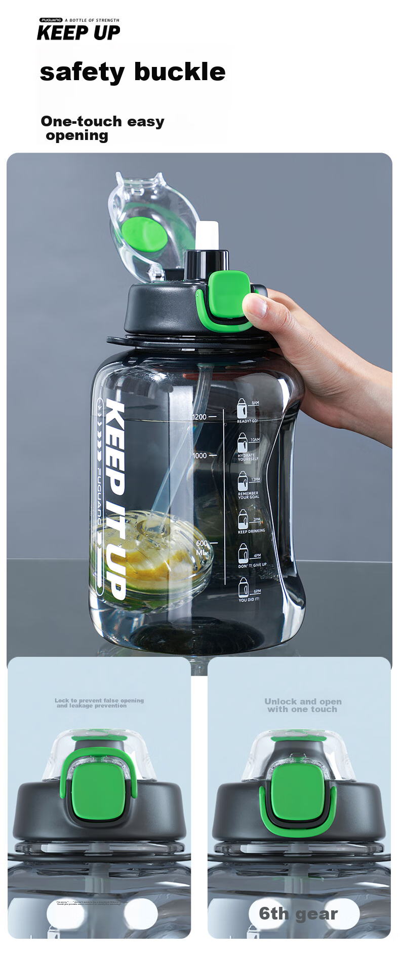 FGA Fuguang Large Capacity Fitness Plastic Water Bottle with Straw, Sports And Student Water Jug, 1.7L 12