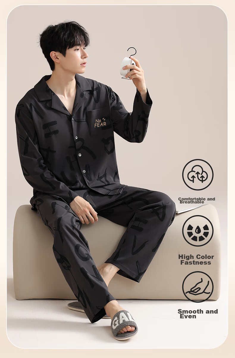 MiiOW [100% Pure Cotton] Men's Pajamas, Spring And Autumn Long-Sleeve, 10A Antibacterial, Anti-Mite, Sweat-Absorbing, Breathable Home Wear Set 9