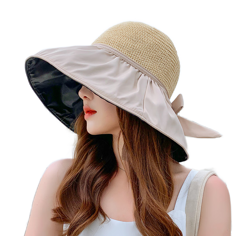 FitonTon Women's Wide Brim Sun Hat, UV Protection Black Gel Visor Cap, Summer Outdoor Versatile Straw Hat
