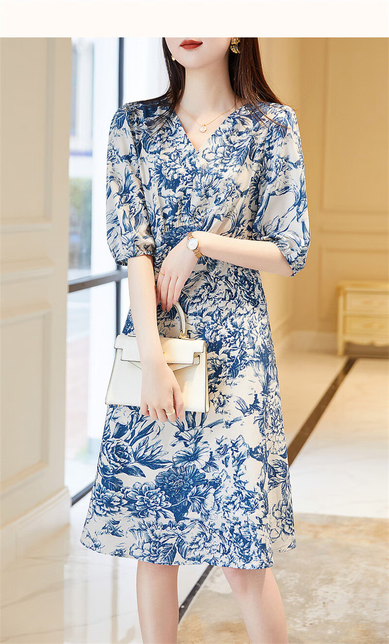 Dme [Mingyuan Faux Silk A-Line Dress] 2025 Summer V-Neck Printed Midi Dress for Wome 10