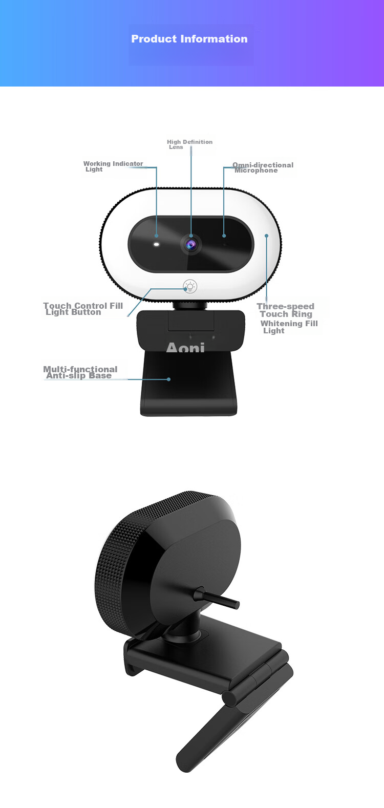 Aoni Live Streaming Camera, High-Definition Beauty Filter, Live Streaming Product Promotion, Touch Control Three-Level Fill Light, Desktop And Laptop USB Interface Plug And Play A60 13