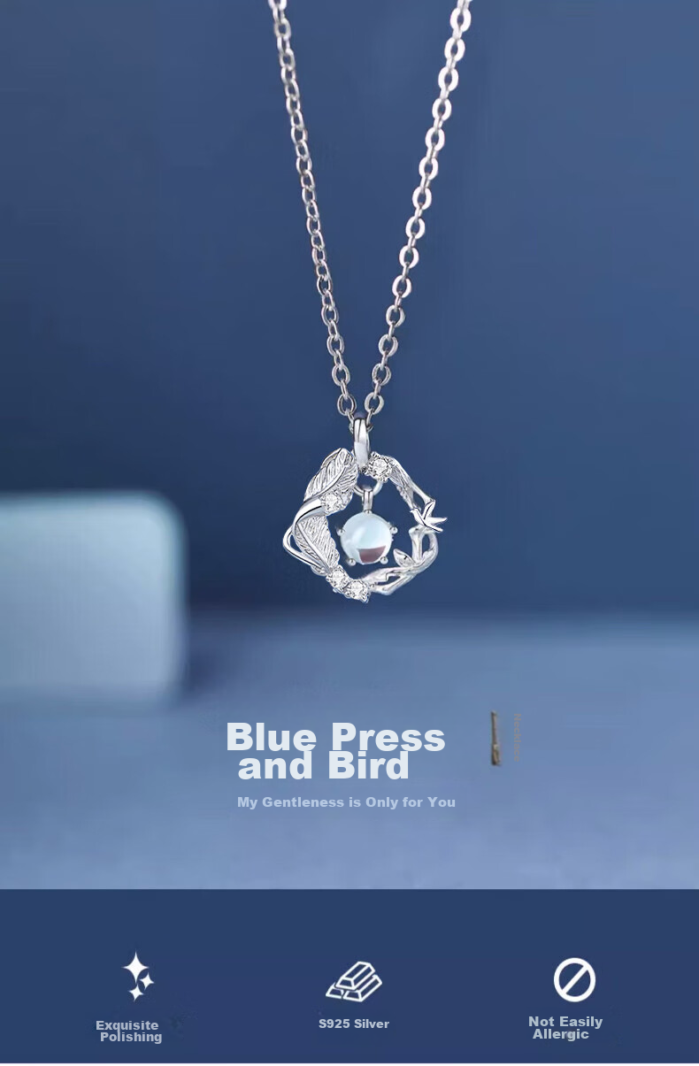 Zhoubaifu Blue Eucalyptus And Bird Silver Necklace for Women, 2026 New Light Luxury Collarbone Chain Pendant, Birthday Gift for Girls 1