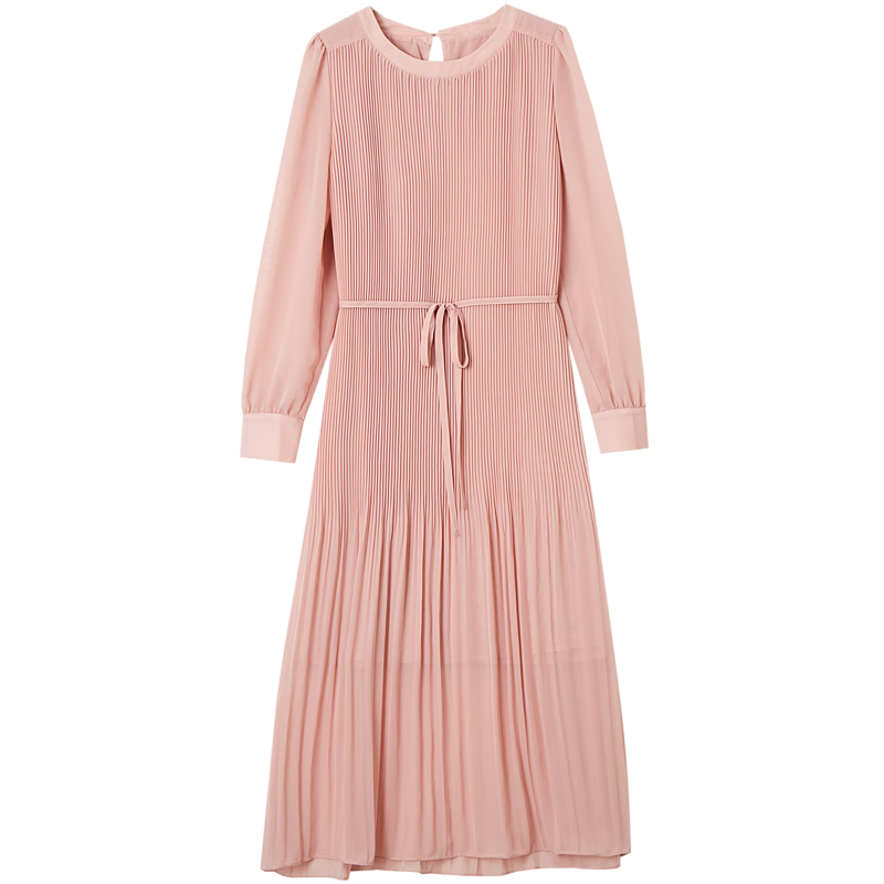 Dme [Waving Sleeve to Capture Fairy Dust] Spring And Autumn Round Neck Pleated Puff Sleeve Waist-Cinching Tie A-Line Dress for Women, Mid-Length Style