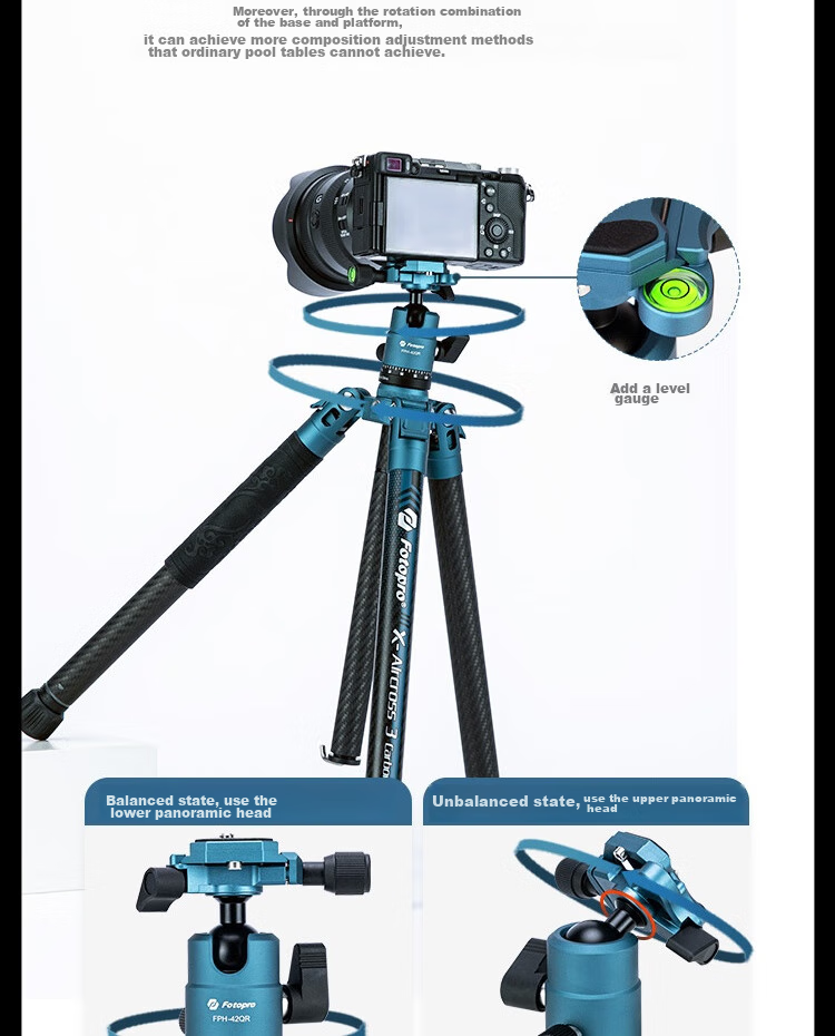 Fotopro Air Three Dual Panoramic Carbon Fiber Camera Tripod for Mirrorless And DSLR Photography And Videography, Deep Blue, Weight/0.9KG, Phone Clamp 16