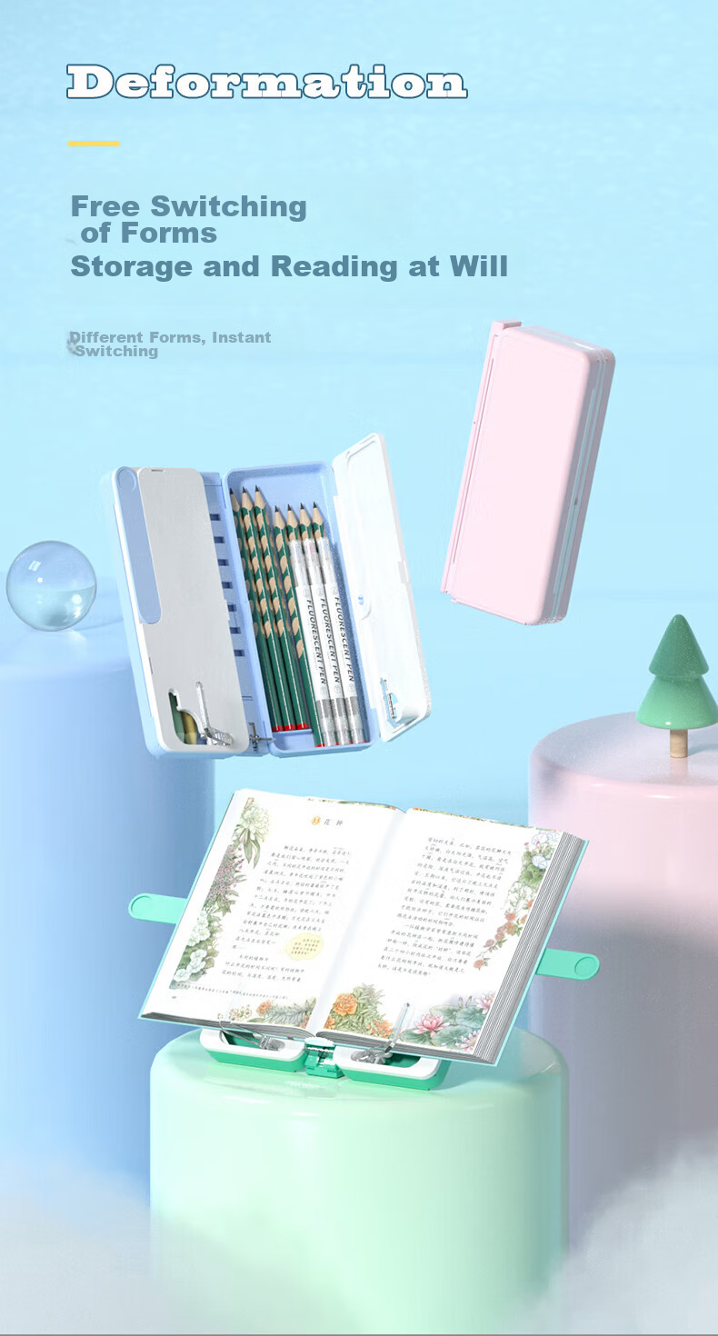 Jinzhi Blue Multifunctional Stationery Box Reading Stand, Elementary School Student Bookshelf Stand, Pencil Case Storage, Automatic Double-Layer Pencil Bag, Large Capacity, Children's Reading, Boys And Girls, Foldable 2