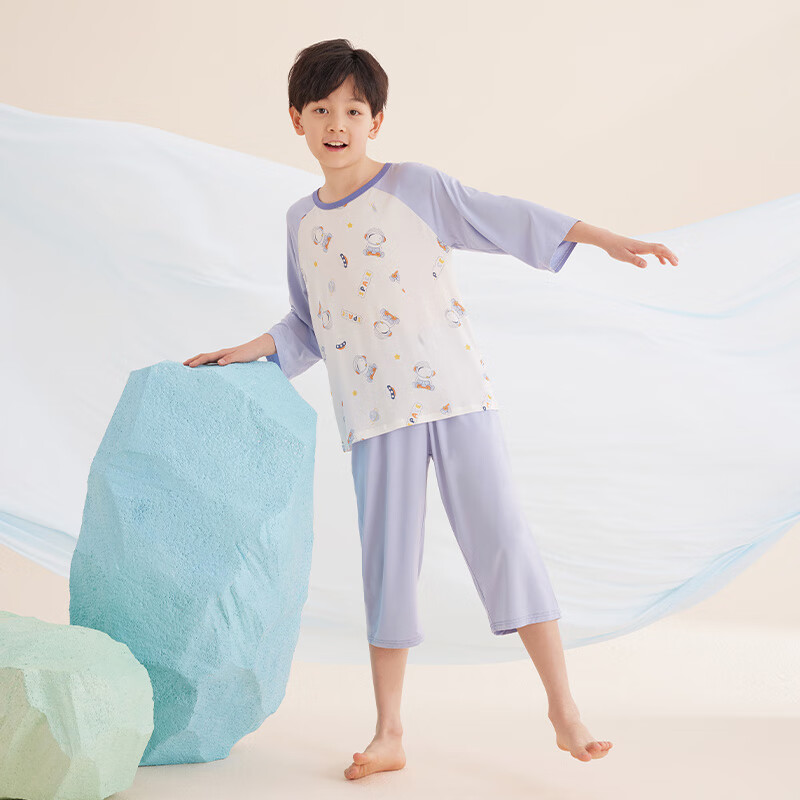 Hodo Children's Summer Thin Pajamas, Boys' Three-Quarter Sleeve Home Wear Set, Youkesi Air Conditioning Clothes J3309 Gray Blue 130