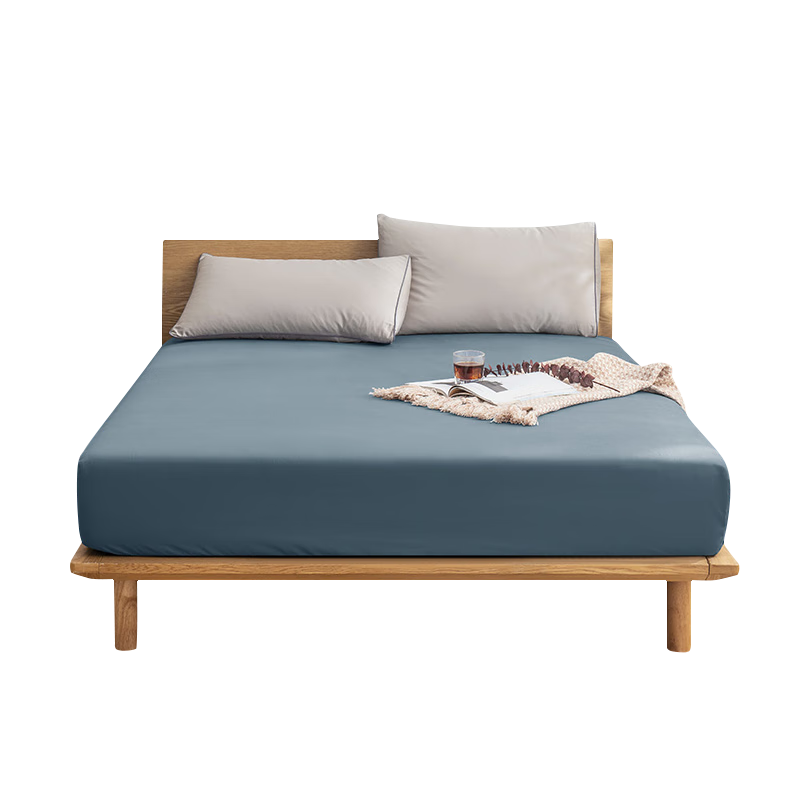 JD Original 60-Count Long-Staple Cotton Brushed Fitted Sheet, Class A Thickened Pure Cotton Bed Cover Mattress Protector for 1.5-Meter Bed, Gray Blue