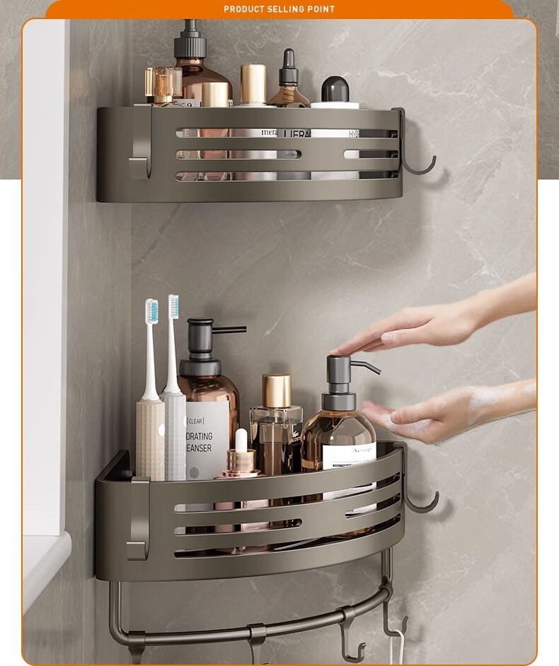 Xinpei Space Aluminum Bathroom Storage Rack, No Drilling Required, Bathroom Vanity Corner Shower Toilet Washroom Triangular Shelf Basket 11
