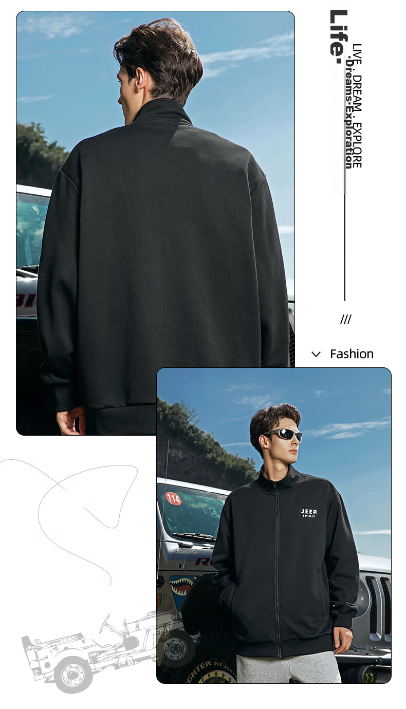 JEEP SPIRIT Men's Two-Piece Set for Autumn Wear, Loose-Fitting Stand-Collar Sweatshirt with Casual Pants, Athletic Running Outfit in Black, Slimming Effect 17