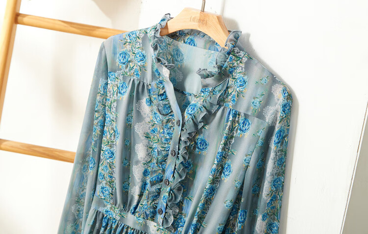 Dme [Huayao Crinkle Floral Print Dress], Spring And Autumn Stand-Collar Waist-Cinching Ruffle Trim Dress for Wome 8