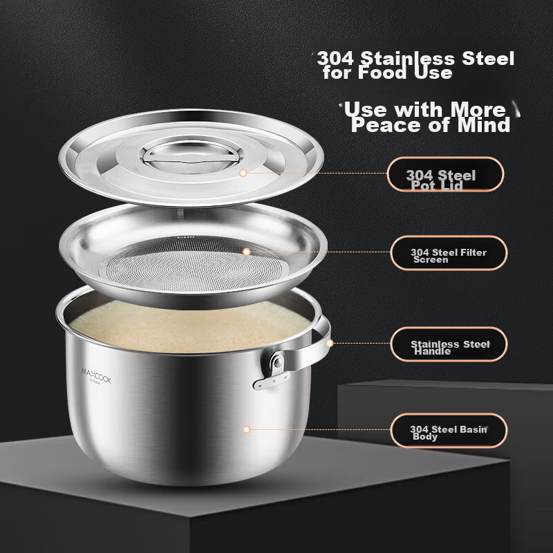 MAXCOOK 304 Stainless Steel Lard Container Seasoning Bowl, Lard Bowl Seasoning Jar Condiment Pot 2.4L with Lid And Strainer MCWA1631