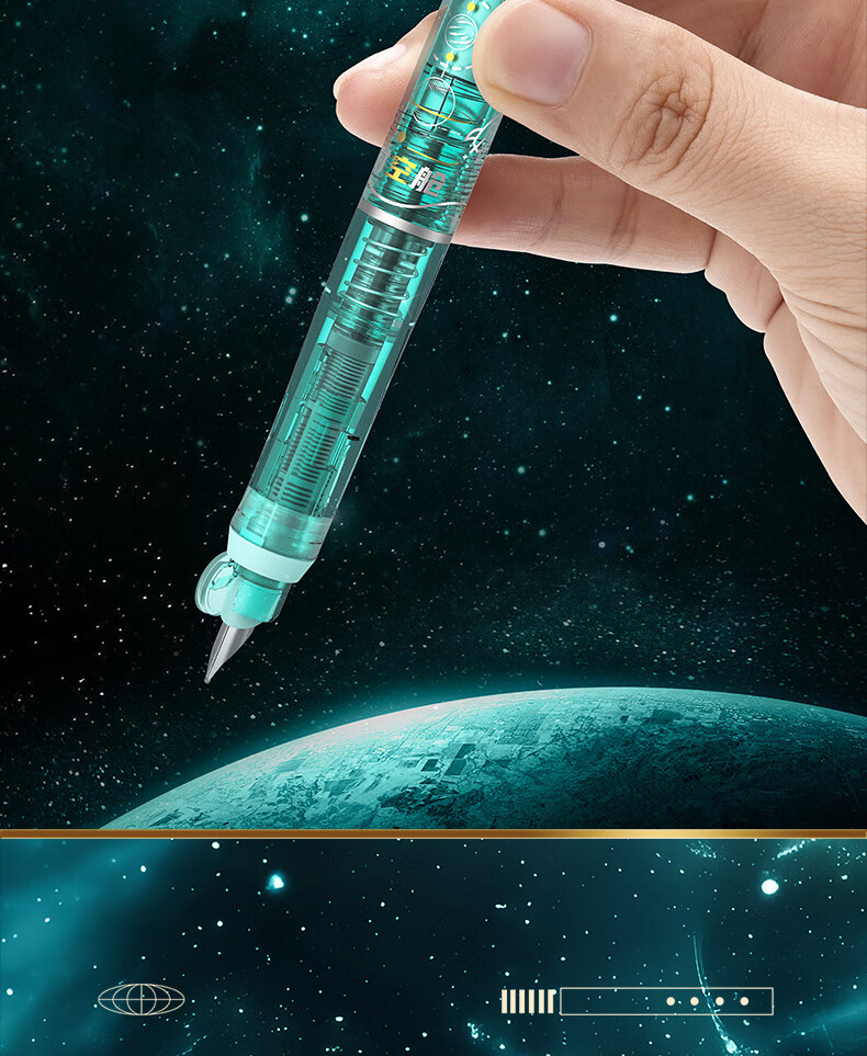 Dianshi Space Capsule Retractable Fountain Pen, Small Capsule Door for Third Grade Elementary School Students' Homework, Back-To Season Handwriting Practice, Fine Nib, No Ink Spatter, 7158 (Light Blue Barrel - Black Ink Cartridge), 1 Pen with 5 Ink Cartridges 10