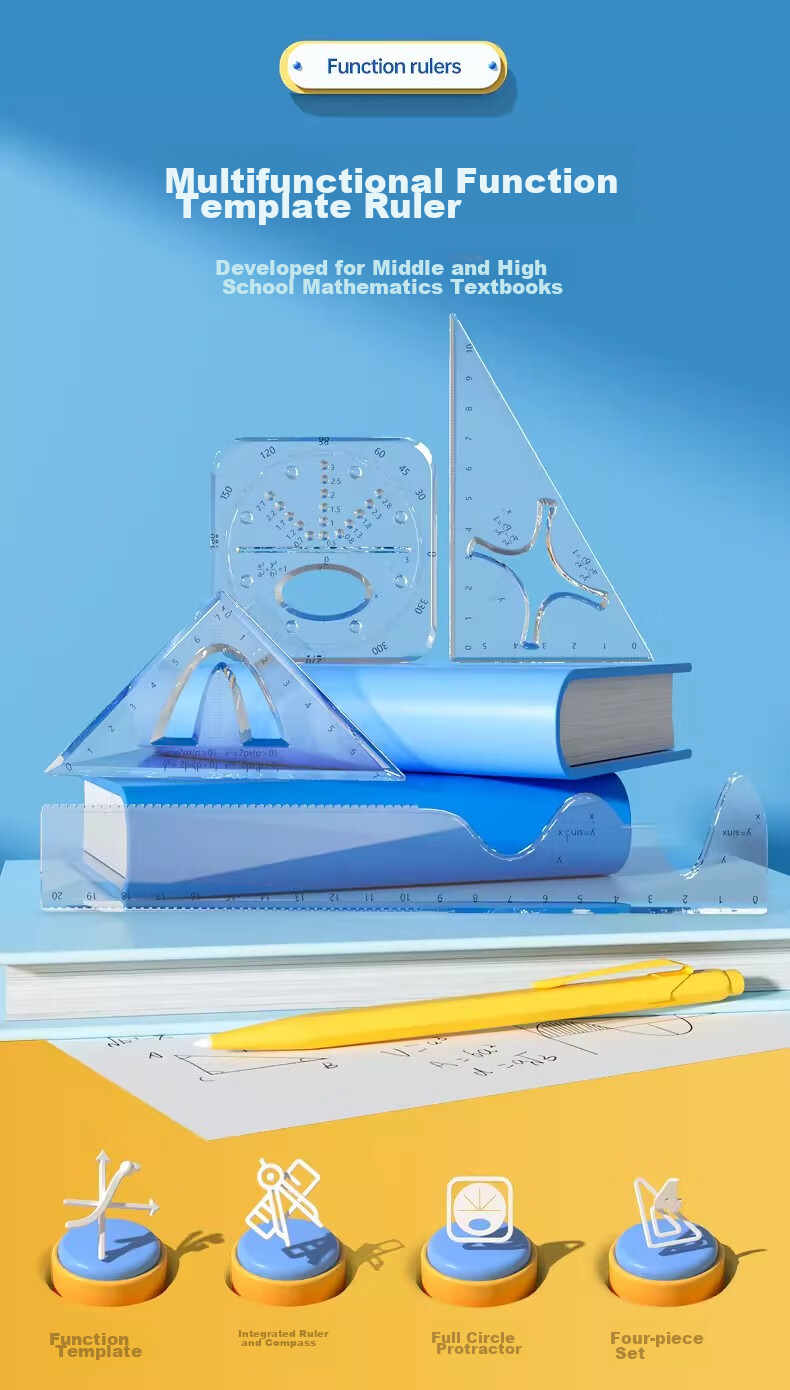 Wusheng Function Ruler Set for Middle And High School Students, Multifunctional Geometric Drawing Ruler, Straight Ruler, Triangle Ruler, Protractor Set, Student-Specific Stationery, Transparent High-Quality Drawing Formula Set 2