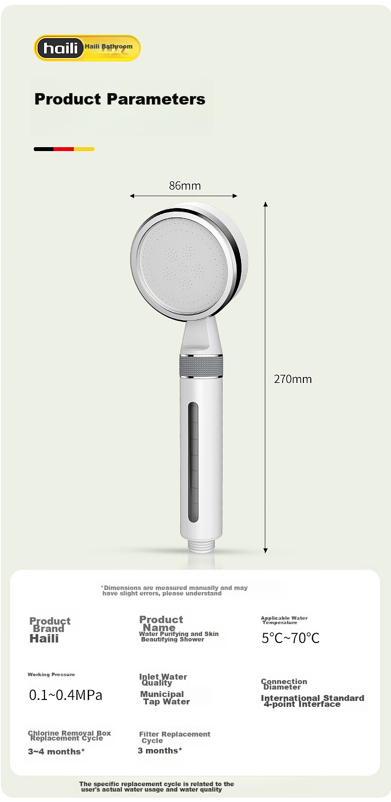 Haili Shower Head, High-Pressure Shower Head, Bathroom Pressurized Handheld Shower Head, Filtered Shower Head, Water Purification, Chlorine Removal, 988 38