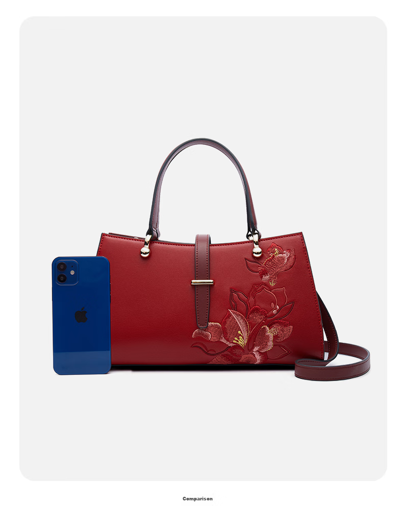 PmSix Women's Handbag, Cowhide Leather Embroidery, Red Wedding Bag, Large Capacity Crossbody Bag for Middle-Aged Women, Birthday Gift for Mom 18