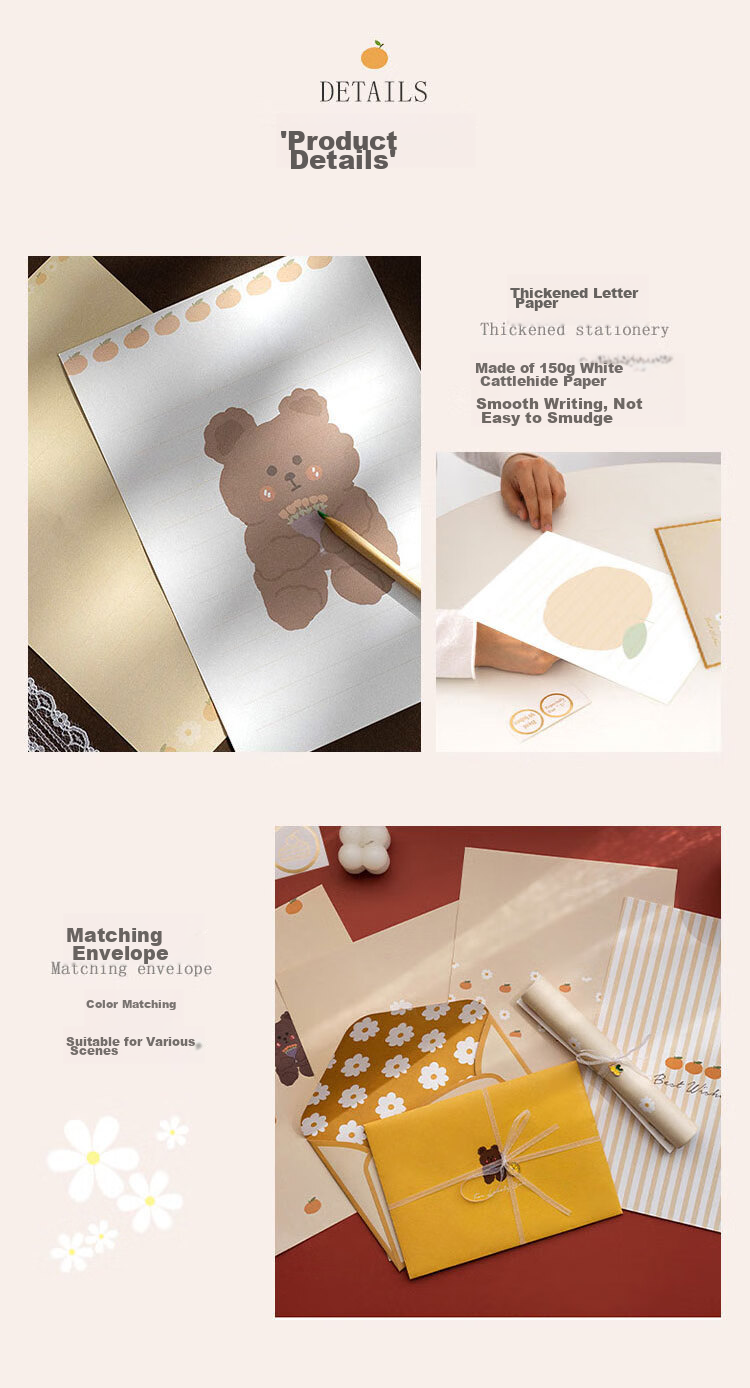 Shiluode Letter Paper And Envelopes for Students And Teachers, B5 Size, Children's Home Letters, Confession Letters, Small Clear Ribbon Pendant, Beautiful Set, 4 Sheets of Letter Paper, 2 Envelopes 4