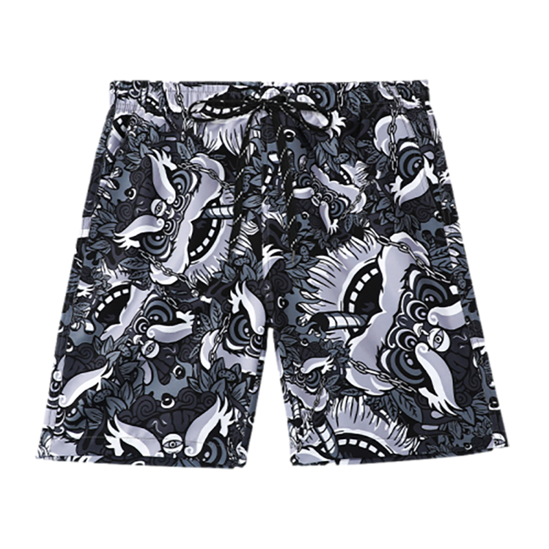 F.DYRAA Men's Beach Shorts, Summer Short Pants, Water-Friendly, Loose Casual Seaside Beach Shorts, Two-Piece Set, 84006 Gray-Black, Lion Dance, 2XL