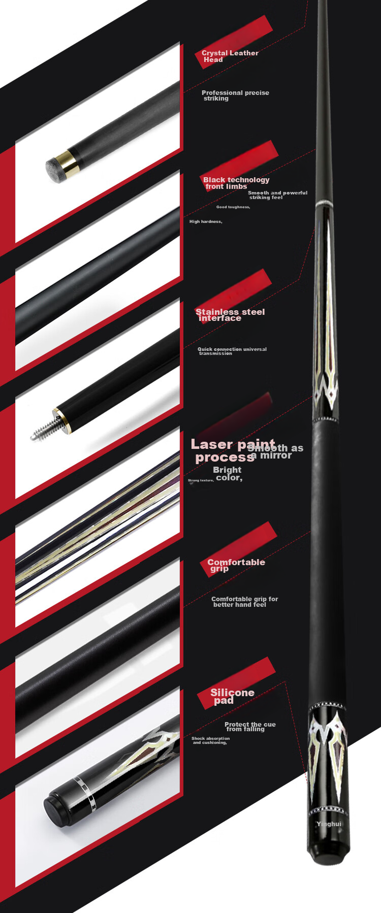 INVUI Pool Cue Tip, Chinese Black 8 High-Tech Carbon Fiber Detachable Billiard Cue with Cue Case CR10 3