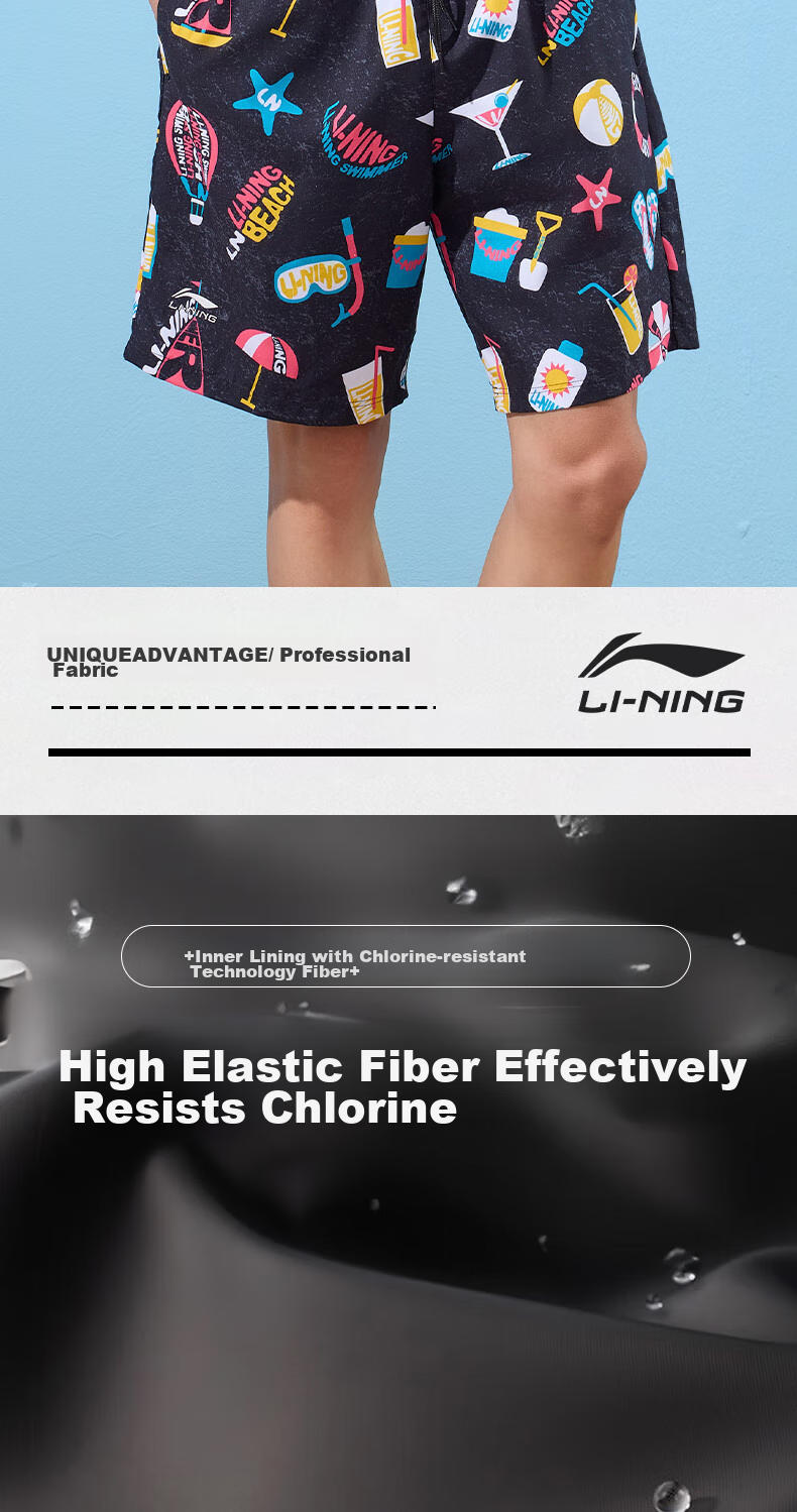 Li-Ning Swimming Trunks for Men, Quick-Drying Sports Swim Shorts, Anti-Embarrassment, Knee-Length Beach Shorts, Breathable, Anti-Exposure, Seaside Vacation, 327 Black Floral Pattern, Size L 8