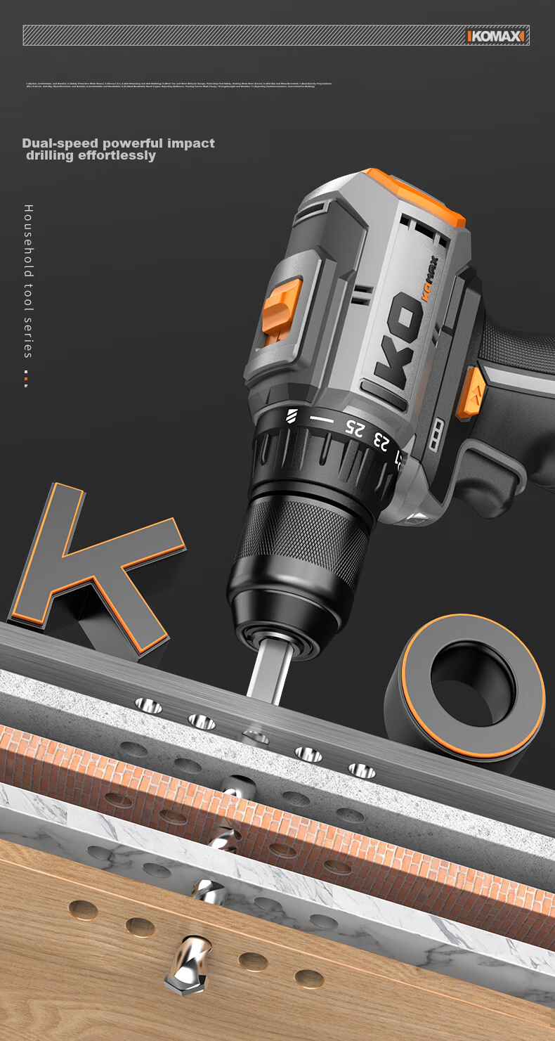 KOMAX Electric Drill, Cordless Screwdriver, Lithium Battery Drill, Household Rechargeable Screwdriver Machine, Electric Tool Box Set 8