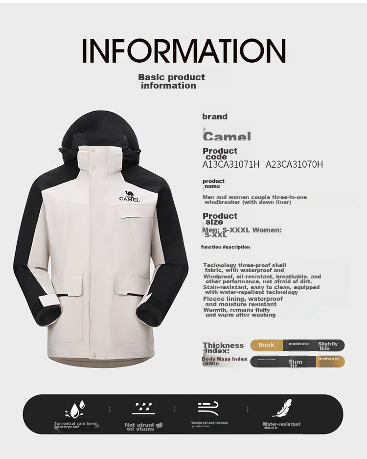 CAMEL Men's Workwear Windbreaker Jacket, Down Coat Two-Piece Set, Three-In Windproof Waterproof Outerwear A13CA31071H 18