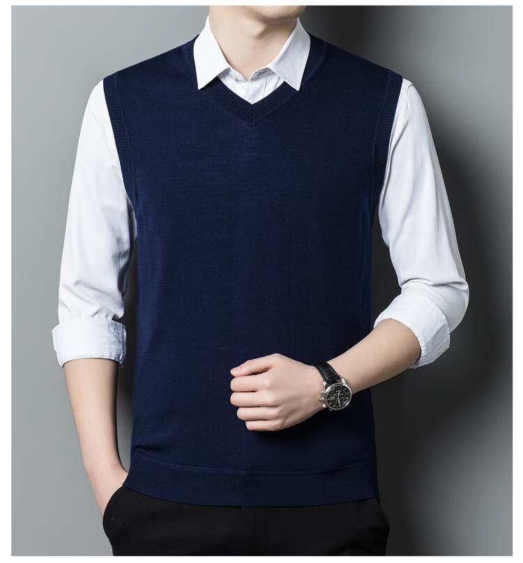 Hengyuanxiang Machine Washable Pure Wool Men's V-Neck Vest Fine Spun Wool Knit Sleeveless Sweater Medium Gray 175 5