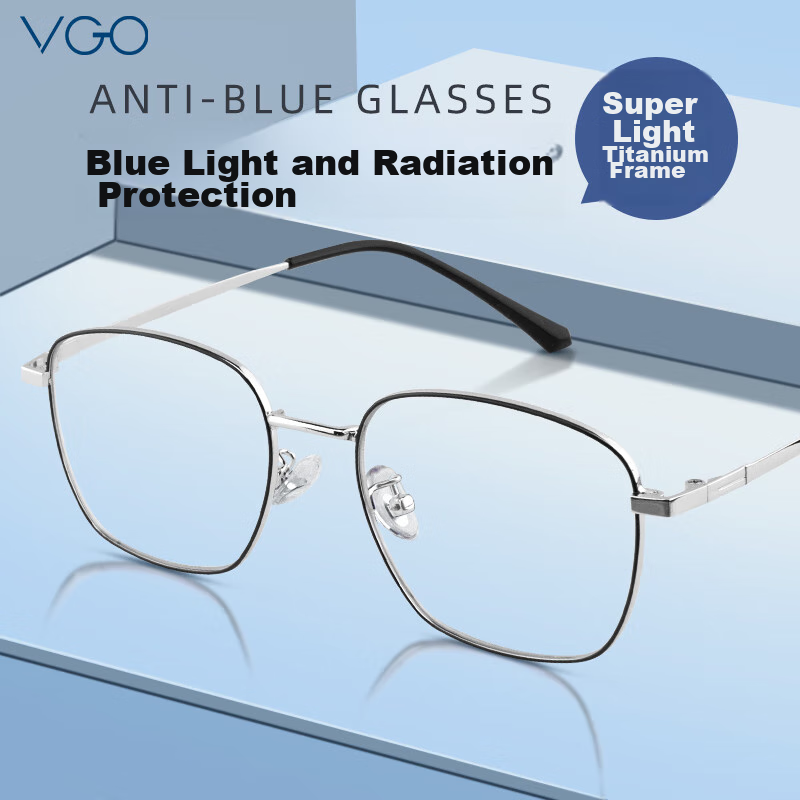 VGO Anti-Blue Light And Radiation Protection Glasses for Men And Women, Titanium Frame Non-Prescription Glasses for Online Classes, Protective Eyewear for Myopia, Frame 10077 Black Silver