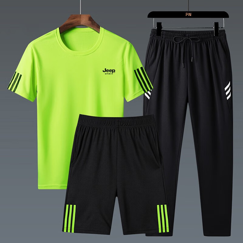 JEEP SPIRIT Men's Summer Short-Sleeve T-Shirt Set, Three-Piece Outdoor Sports Versatile Outfit, White Three-Piece Set, 2XL 26