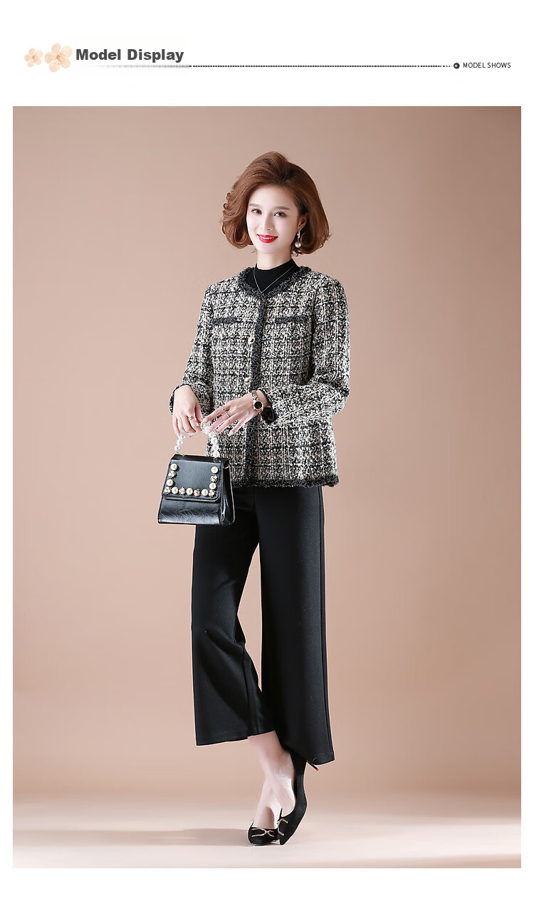QianLian Mom's Spring Short Jacket, Middle-Aged Women's Chanel-Style Long-Sleeve Top, Middle-Aged And Elderly Spring And Autumn Casual Low-Heel Blazer 10