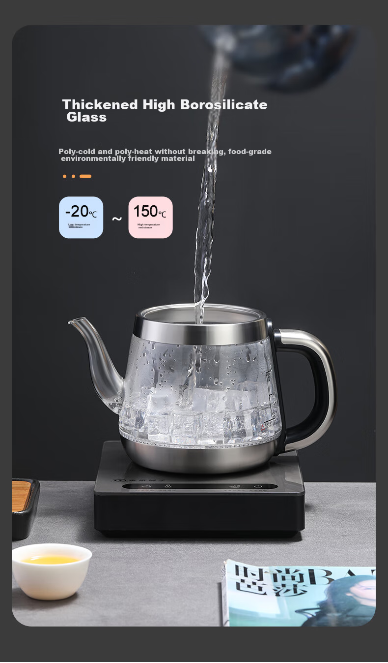 Biooner Fully Automatic Electric Kettle with Water Inlet, Glass Kettle, Tea Table Dedicated Integrated Tea Table, Coffee Table, Tea Brewing Utensils, Electric Tea Stove XT-301 Silver Gray Single Burner 1L 11