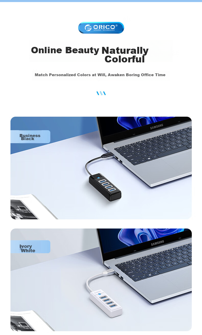 ORICO USB Hub Splitter, MINI HUB with One-To Expansion Dock Adapter, Laptop Direct Plug-In Hub, Multi-Port USB Hub, Gray 12