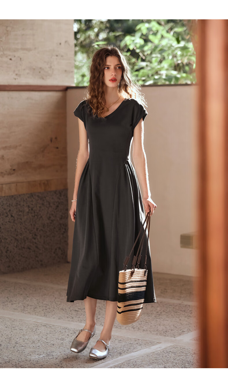 Olrain French-Style Elegant V-Neck Dark Gray Dress for Women, Summer Waist-Cinching A-Line Hem Audrey Hepburn Style, Dark Gray, Size L 25