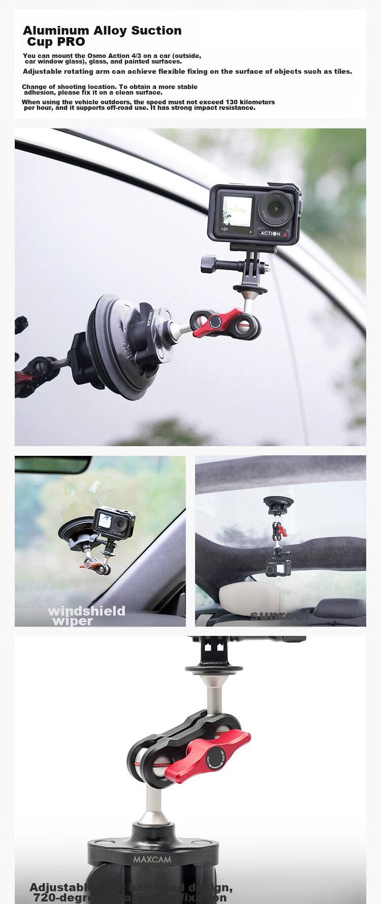 MAXCAM Suitable for DJI Osmo Action 6/5/4/3 Pro Action Camera, Car Nano Adhesive Suction Cup Glass Fixing Car Mount Accessory 21