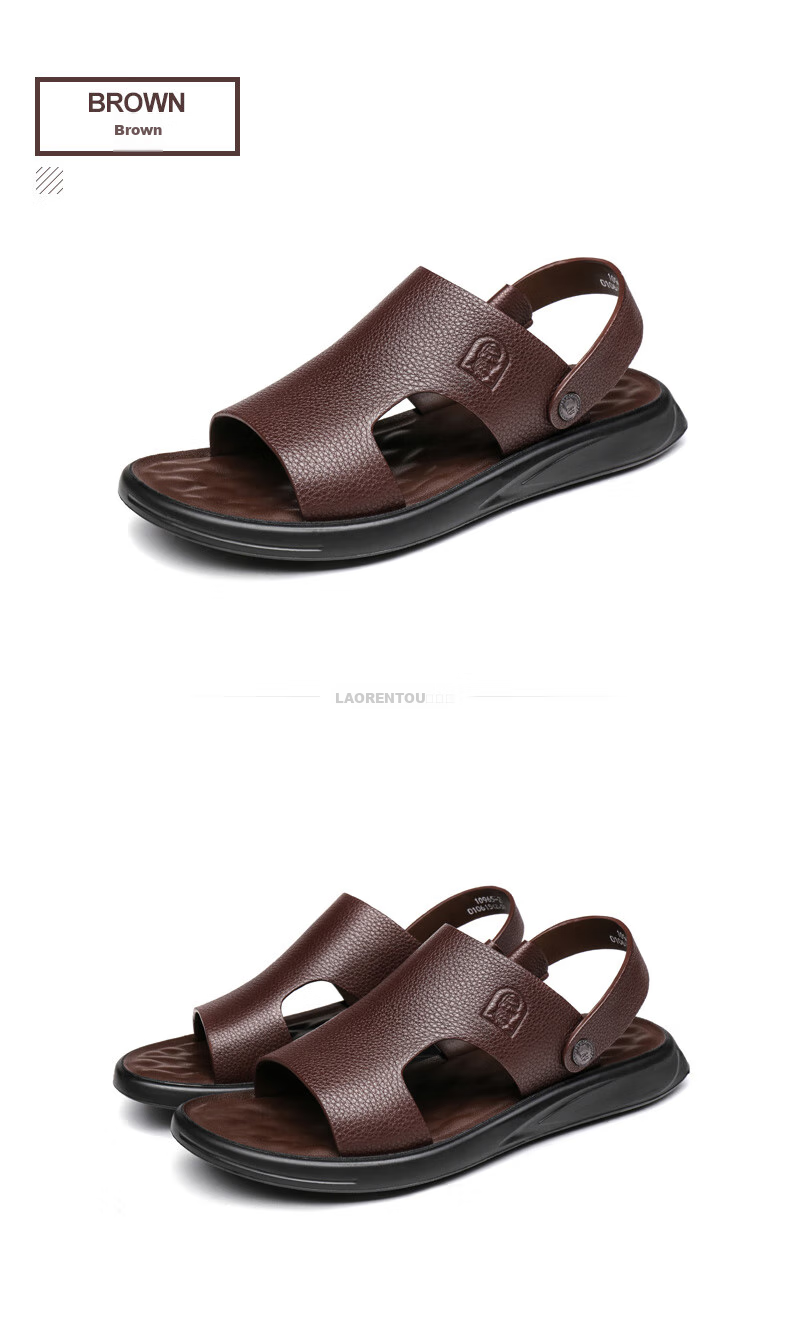LAORENTOU Men's Sandals, Summer Top-Grain Leather, Breathable Beach Versatile Casual Shoes, Sandals, Men's Footwear, 10965, Black, Size 43 20
