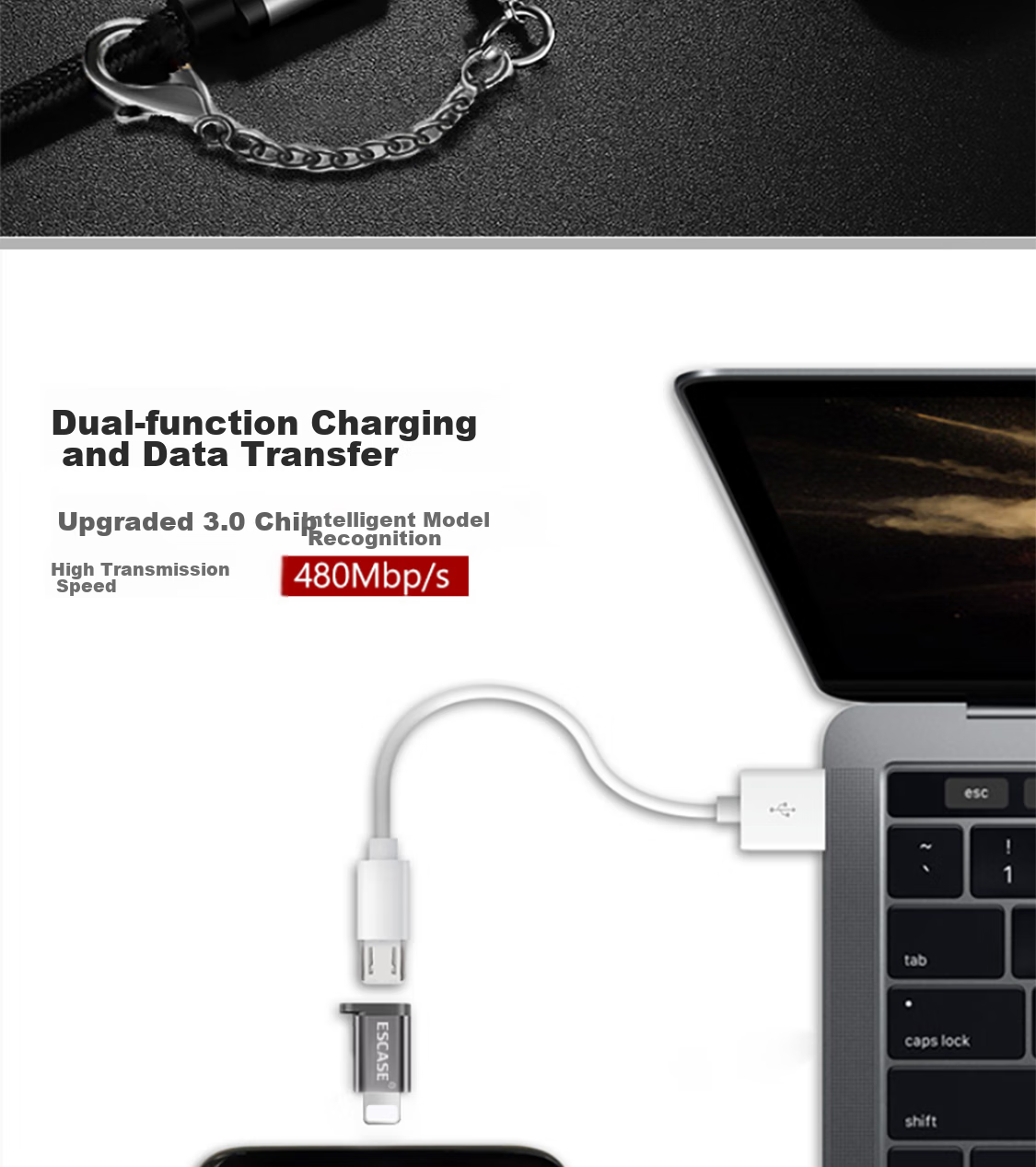 ESCASE Android And Apple Adapter Converter, Micro USB to Apple Data Cable, Compatible with IPhone11pro/XsMax8/7plus/X/iPad Tablets, Universal Gray 3
