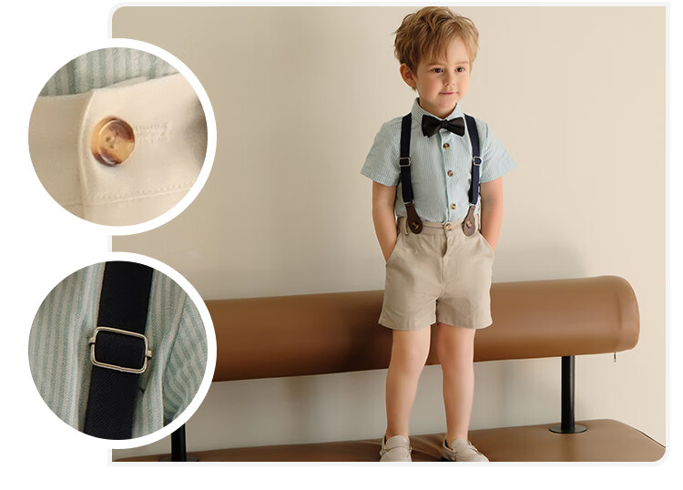 LUOBOBEIBEI Boys' Formal Wear Spring And Summer British Striped Suspender Shorts Shirt Set, Green Long-Sleeve Four-Piece Set, Size 130 11