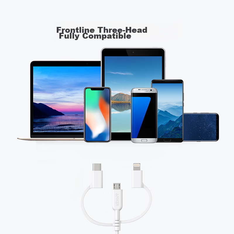 Кабель ANKER MFi Certified Three-In Apple Type-C Android, 0.9м, белый