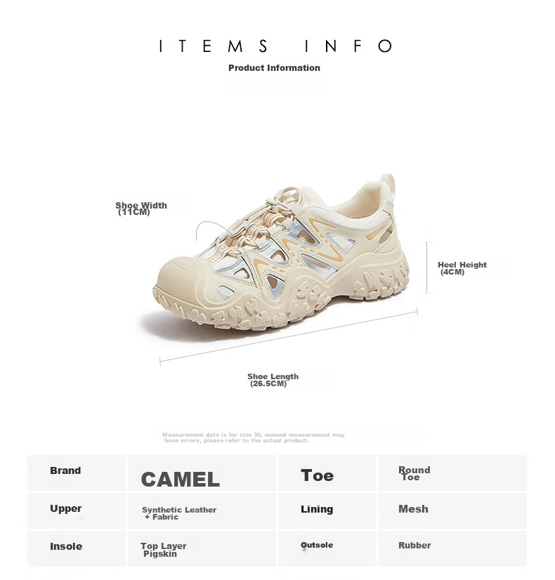 CAMEL Ugly-Cute Hiking Shoes for Women, Fashionable Color-Block Outdoor Casual Shoes L24S076620 Beige/silver/black 40 43