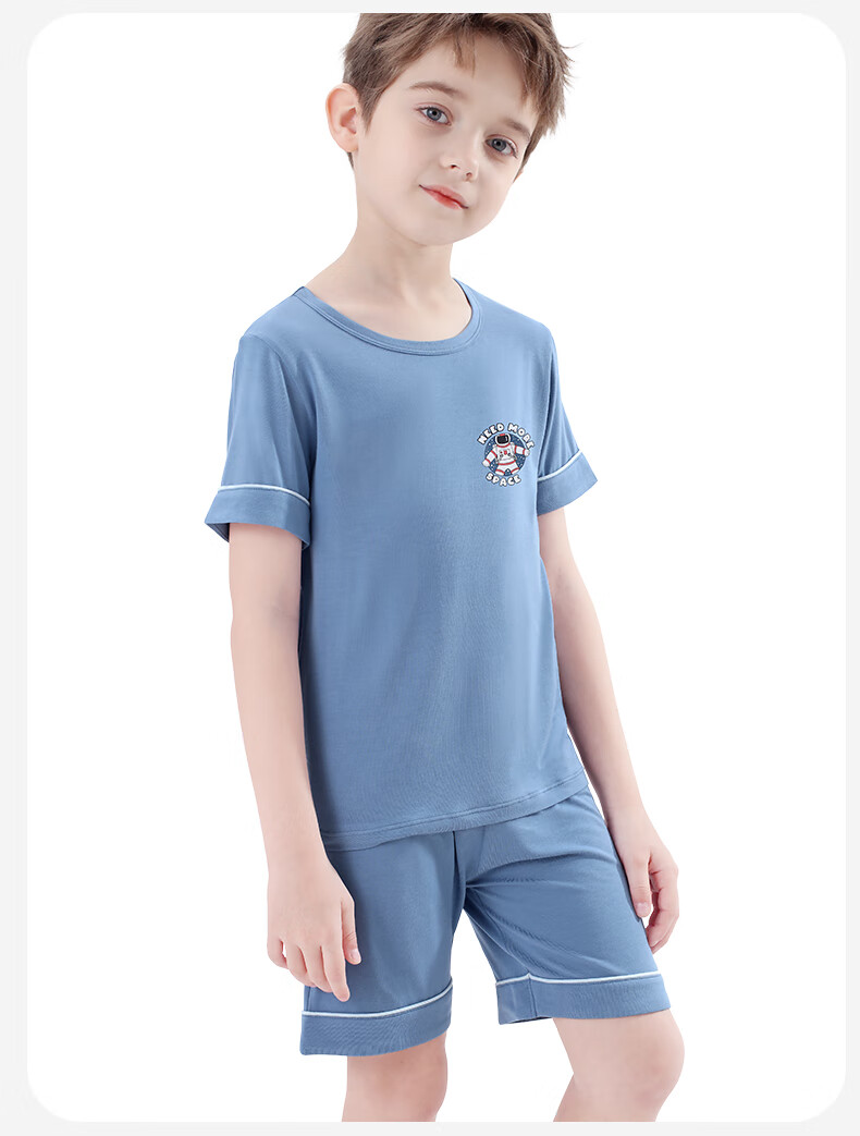 Duomiaowu Children's Pajamas, Boys' Summer Thin Modal Short-Sleeve Home Wear Set, for Older Children, 10838 Deep Sea Blue, Size 140 12