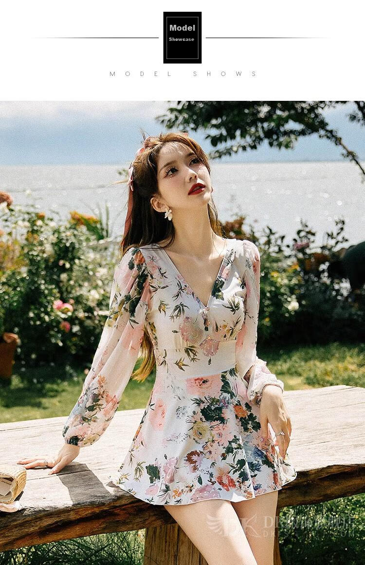 DK Long-Sleeve Swimsuit for Women, 2026 New Style, Elegant And Slimming One-Piece Design for Hot Springs, Colorful, Size L 3