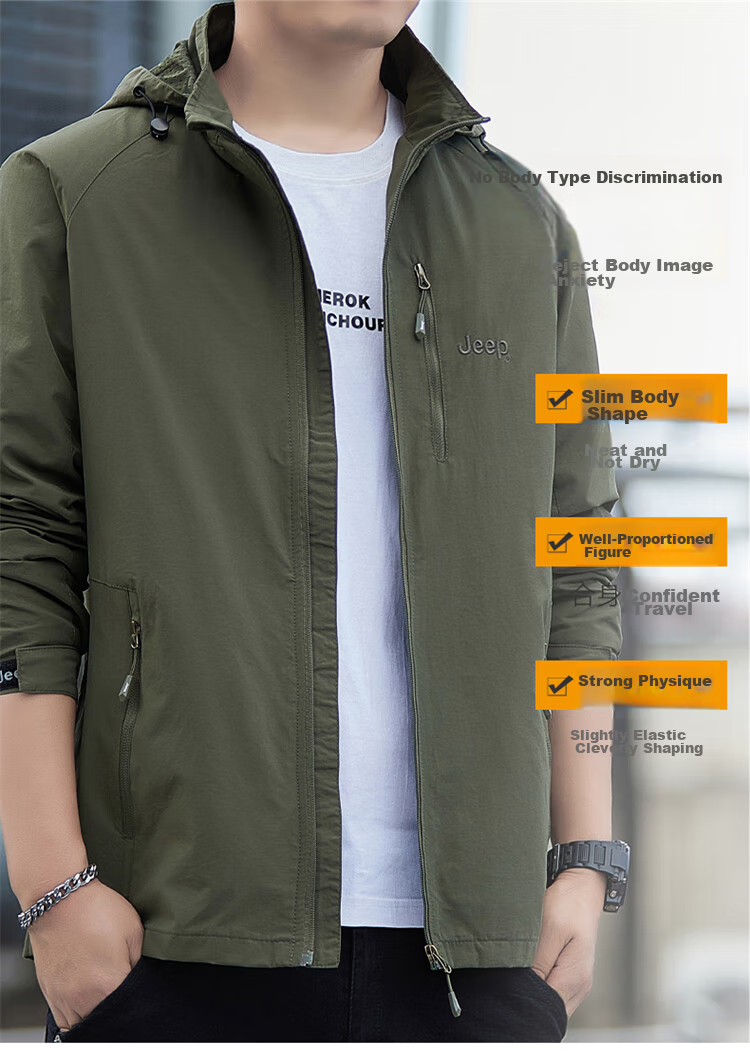 JEEP Men's Jacket, Spring And Autumn Loose-Fitting Hooded Trendy Casual Clothing, Army Green, Size L 8