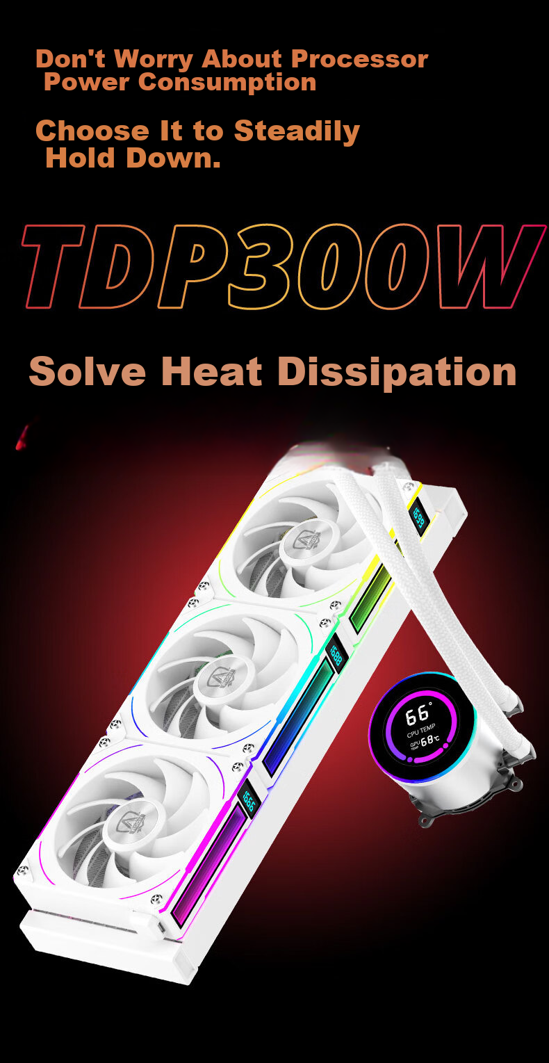 AOC AT360RW/93 White All-In CPU Liquid Cooler, Multi-Platform Mounting Brackets, RPM Display, Temperature Display, Dual Ball Bearings, Aluminum Cold Plate 2