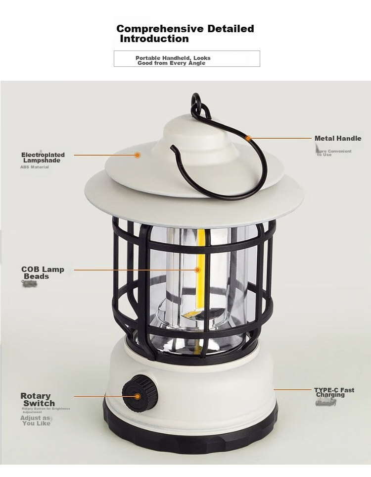Lewang Retro Camping Light, Outdoor Tent Lamp, Home Emergency Lantern, Multi-Functional Handheld Vintage Lantern, Cream White 6