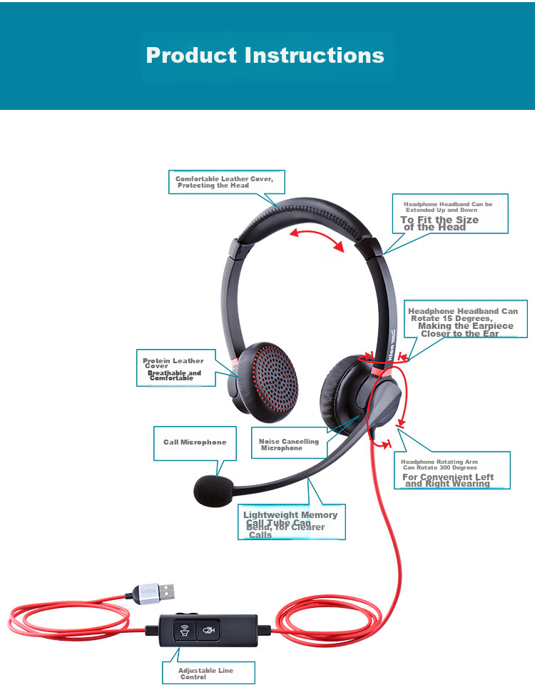 HION H730D Headset, Dual-Ear Call Center Headphones, Dual-Microphone Smart Noise-Cancelling Customer Service Headset, Call Center Agent Computer Headset, Online Education Training, Telemarketing Headset - USB 20
