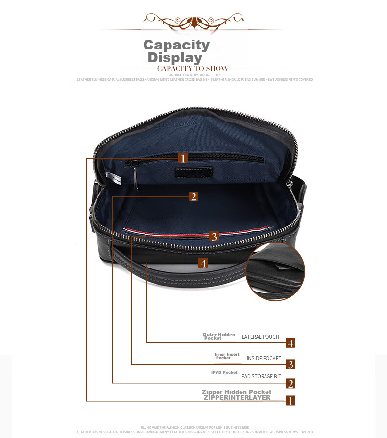 ELLE HOMME Business Men's Shoulder Bag, Fashionable Top-Grain Leather Crossbody Bag with Large Capacity, Handheld Men's Bag EA088205040 Black Birthday Gift for Boyfriend 5