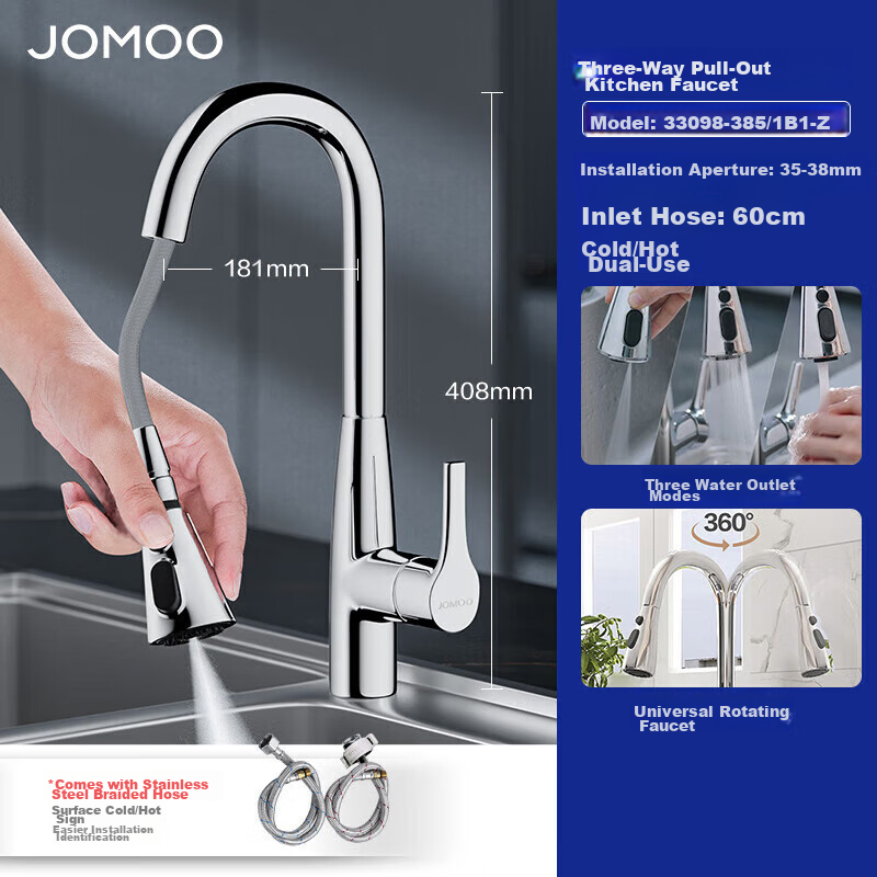 JOMOO Kitchen Faucet, Three-Function Pull-Out, 360° Rotating, Hot And Cold Dual Control, Sink Faucet, 33098-385/1B1