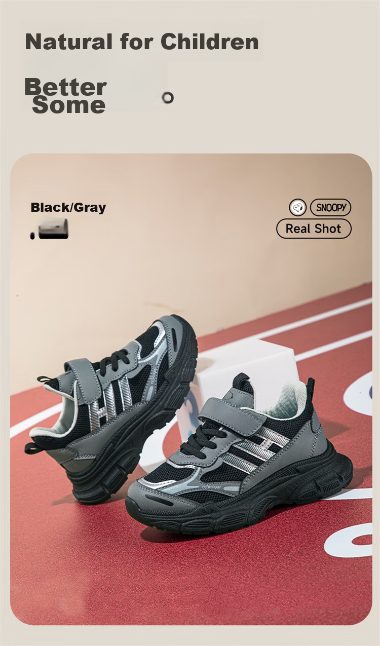 SNOOPY Boys' Sneakers, Versatile Lightweight Running Shoes, Big Kids' Dad Shoes, 7882 Black And Gray, Size 34 10