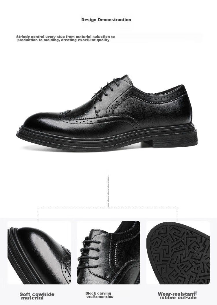 CARTELO Brogue Men's Shoes, British Low-Top Lace-Up Leather Shoes, Soft Cowhide Breathable Business Shoes 9342, Black, Size 38 2