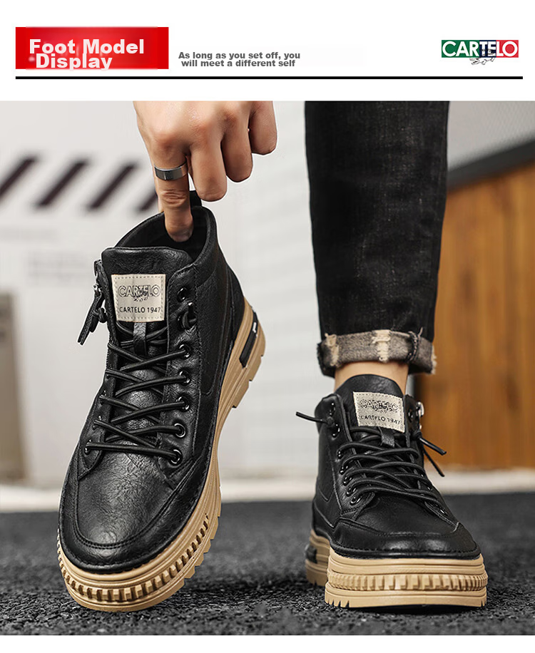 CARTELO Men's Shoes, Spring 2026 Popular High-Top Casual Leather Shoes, Thick-Soled Work Boots for Men, Black, Size 43 9